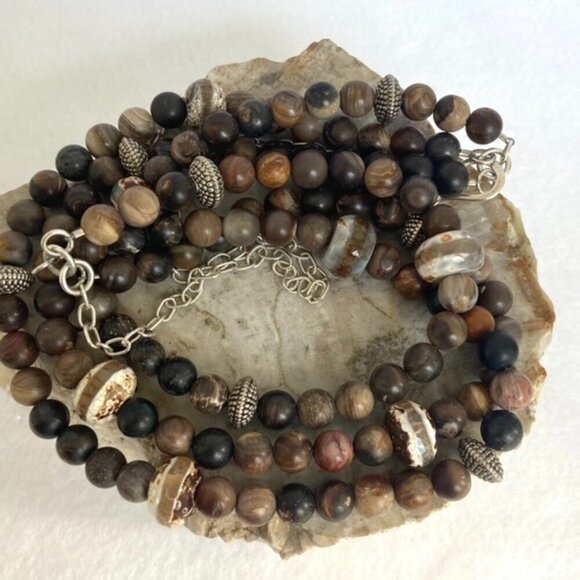 Sterling Silver 925 Tiered Brown Jasper Agate Layered 3 Strand Beaded Necklace - Picture 2 of 16